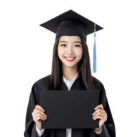 Asian woman in graduation gown holding a blank board png
