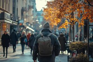 persona caminando abajo otoño ciudad calle mochila en otoño hojas foto