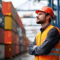 Logistics manager overseeing cargo loading at a busy shipping port photo