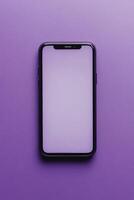 moderno teléfono inteligente con blanco pantalla metido en vibrante púrpura antecedentes para creativo diseño o márketing utilizar foto