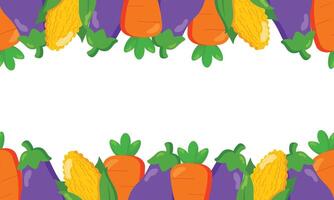 Colorful vegetable border with carrots, eggplants, and corn, perfect for farm market flyers, eco posters, recipe cards, food packaging and kitchen decor vector