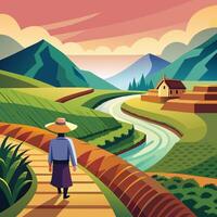 a man in a straw hat walking down a path in a rural area vector