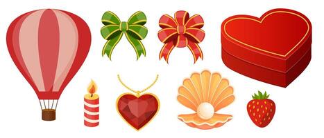 Romantic Icons Collection Featuring Hot Air Balloon, Heart Shaped Box, Decorative Bows, Candle, Heart Necklace, Pearl Shell, and Strawberry vector