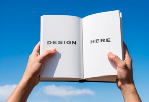 Pair of hand holding open book mockup against blue sky for design placement psd