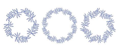 Mediterranean blue olive branches circle frame set. Hand drawn round line border, leaves and flowers, wedding invitation and cards, logo design and posters template. Minimal style floral set vector
