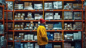A man in a yellow jacket is standing in a warehouse photo