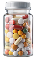 assortito colorato pillole nel un' bicchiere medicina vaso isolato su un' trasparente sfondo png