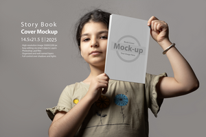 Little girl holding a novel book inside hands with blank cover mock-up series psd