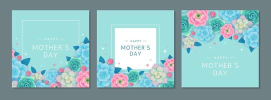 Happy Mother's day. Greeting card set with flowers and hearts on turquoise background. Banner or poster design template for mom's holiday vector