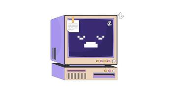 retro computador com sonolento zzz pixel face e pegajoso Nota 2d desenho animado objeto animação. anos 90 cochilando desligado. vintage moda antiga Área de Trabalho dentro dormindo modo animado plano colorida item 4k isolado em branco video