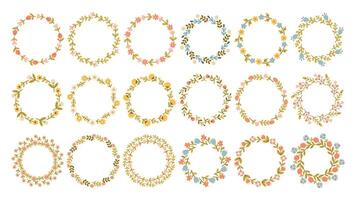 Spring flower circle frame big set. Floral circle frame. Hand drawn botanical round border, laurel, wreath with branches, leaves and flowers illustration for wedding invitation, card, logo vector