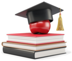 Knowledge, learning, and academic success represented by a graduation cap, apple, and books. png