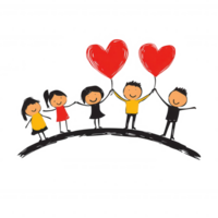 une de bonne humeur groupe de diverse bâton figure copains joyeusement en portant énorme rouge cœurs, symbolisant l'amour et relation amicale contre une Facile blanc Contexte. png