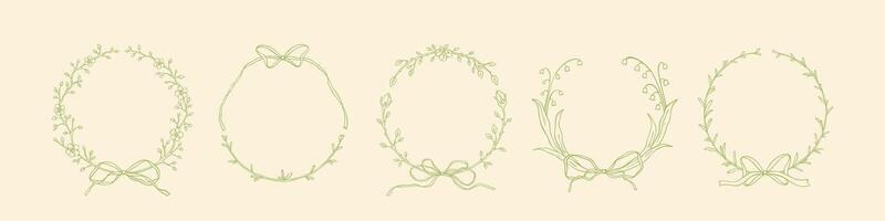 Hand drawn sketch spring floral borders collection. Laurel, lily of the valley, olive, grass, summer flowers filigree victorian style borders. Coquette whimsical girly frames with ribbon bows vector