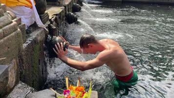 Close-up of man performing traditional water purification ritual at Tirta Empul Temple in Ubud Bali, Indonesia. Spiritual moment ideal for religion, culture, and travel content. video