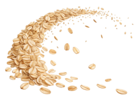 Instant oat flakes cutout isolated on transparent background with flying oat grains in motion swirl png