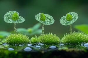 besado por el rocío verde hojas y musgo trío en tranquilo natural ajuste foto