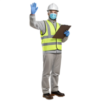 3D render of a construction worker waving, holding a clipboard, in full PPE, with a transparent background png