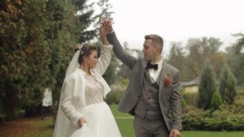 charmant jeunes mariés caucasien la mariée jeune marié en marchant dans parc, en portant mains, mariage couple famille video