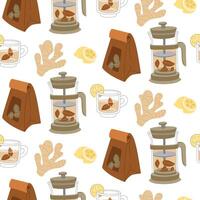 pattern with objects on the theme of the tea ceremony. It's time for a tea party. Tea set with teapot, mug, package of loose tea, lemon, ginger root on a white background. texture for a cozy tea party vector