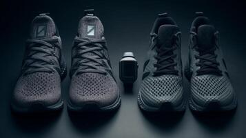 Pair of Grey and Black Knit Running Shoes with Smartwatch on Dark Background photo