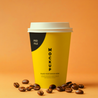 Jaune café tasse maquette avec café des haricots psd