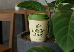 café tasse maquette dans une plante pot psd