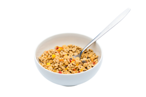 desayuno cereal anillos con vistoso pedacitos en un blanco cuenco con cuchara Listo a comer png