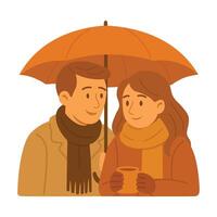 Cute autumn couple with umbrella and hot drink. Flat cartoon romantic illustration. vector