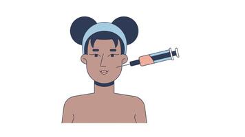 noir femme recevoir cosmétique injection pour joue remplissage 2d animation. africain américain femelle visage renforcement Animé personnage dessin animé plat concept métaphore 4k isolé sur blanc video