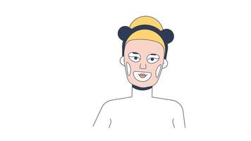 blond femme appliquant faciale feuille masque dessin animé animation. rajeunissement peau se soucier. caucasien blanc femelle en utilisant visage masque Animé plat 2d personnage 4k isolé sur blanc, alpha canal video
