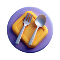 artístico 3d representación de un plata tenedor y cuchara en un vistoso plato png