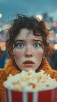 sorprendido niña participación palomitas de maiz a un carnaval durante el noche con vistoso luces en el antecedentes foto