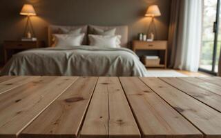 Empty plain reclaimed wood surface with deep blur of a serene bedroom featuring earth tone decor and layered linens, Ready for product display photo