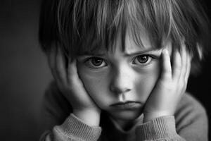 Child covers ears with hands in a somber moment of emotional distress in a muted indoor environment photo