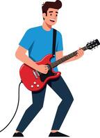 joven hombre jugando rojo eléctrico guitarra en azul camisa y oscuro pantalones ilustración vector