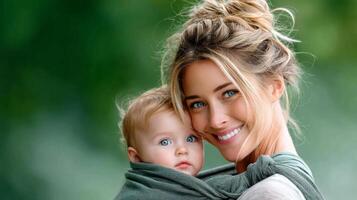 A woman holding a baby in a sling photo