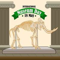 internacional museo día global cultura patrimonio celebracion diseño día póster 18 mayo antiguo animal esqueletos en museo colección para camisetas, pegatinas, carteles, impresión tarjetas, animado activo vector